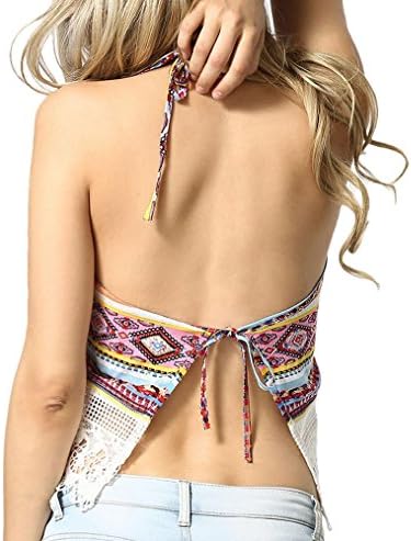 Women's Halter Straps Backless Floral Lace Crop Tops Small