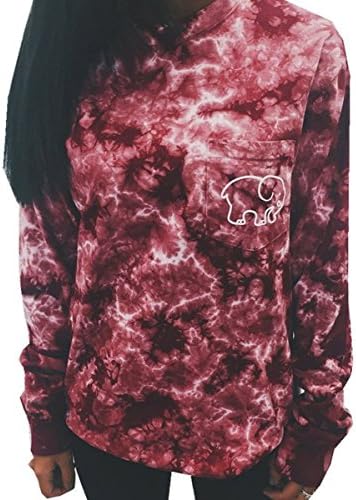 Women Long Sleeve Crew Neck Dyed Shirt Elephant Printed Pocket Tops Red Tie Dye Large