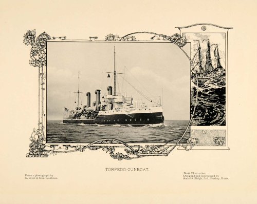 1905 Torpedo Gunboat Military Ship Art Nouveau Print - Original Halftone Print