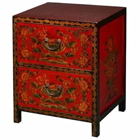 Handmade Asian Furniture - 30 Red and Black Tibetan Nightstand End Table With Sacred...
