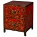 Handmade Asian Furniture - 30" Red & Black Tibetan Nightstand / End Table With Sacred Flower Design