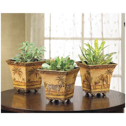 3 GARDEN POTS SAFARI SCENES FLOWER TIN PLANTER PLANT