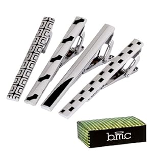 BMC 4pc Mens Fashion Metal Alloy Silver and Black Mix Design 2.2 In. Tie Bar Clips-Set 2