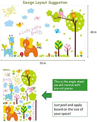 Large Animal Park Nursery Baby Room Wall Art Vinyl Decal Stickers - Elephant, Giraffe, Trees, Birds.