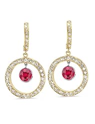 Twin Circle Pave Diamond Earrings In 18K Yellow Gold With A 0.58 ct. Genuine Ruby Center Stone.