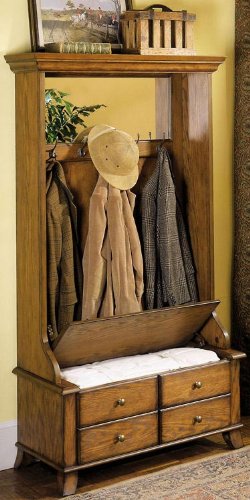 Powell Casual Oak "Medium Distressed Oak" Hall Tree with Storage Bench (ships in overpack 2 cartons)