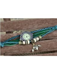 KANO BAK(TM) Retro Bronze Women Ladies Weave Wrap Love Heart Angel wing Leather Bracelet Bangle Quartz Gift Watch Green