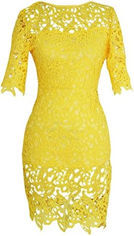 PEILUMENG Women's Short Sleeve Lace Embroidery Hollow Out Mini Dress Yellow