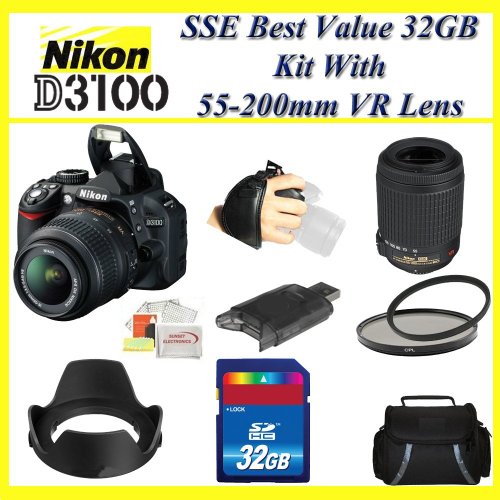 Nikon D3100 14.2MP Digital SLR Camera with Nikon 55-200mm f/4-5.6G ED AF-S DX Autofocus VR Zoom Lens + Best Value 32GB, Lens & Deluxe Case Complete Accessories Package