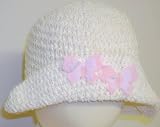 Hand Crocheted White Rayon Cotton Gimp Floppy Hat with Two Pink and White Butterflies