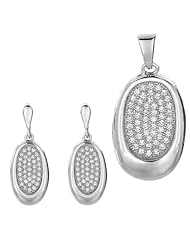 BRI Jewelry Sterling Silver Oval Shape W/ Clear Cubic Zirconia Set - Pendant - Dangle Earring