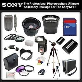 The Professional Photographers Ultimate Accessory Package For The Sony Alpha NEX-3, NEX-3N, NEX-C3, NEX-C3K, NEX-5, NEX-5N, NEX-7 Includes: 32GB Hi Speed Error Free Memory Card, Hi Speed Card Reader, Macro Lens Kit, 2 Batteries & Charger, Hard Flower lens Hood, 0.5x Professional Wide Angle Lens , 3.