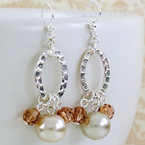Oval Hoop Earrings with Beige Pearls and Light Smoked Topaz Crystals