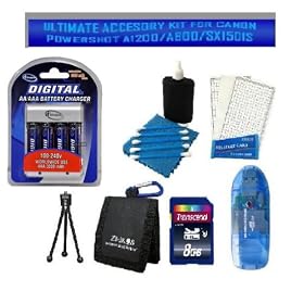 Ultimate Perfomance Accessory Kit for Canon PowerShot A1200, Canon PowerShot A800, Canon PowerShot SX150 IS......4XAA Battery w/Charger, Memory Card Wallet, 4-in-1 USB 2.0 High Speed Memory Card Reader Writer, Screen Guard Protector Mini Tripod and 3pc Camera Cleaning Kit