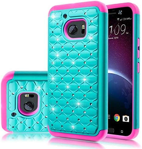 HTC 10 Case,HTC One M10 Case,HTC M10 Case,Kmall Heavy Duty Hybrid Dual Layer Bling Crystal Glitter Diamond Rhinestone Studded Full-Body Shockproof Protective Cover Shell For HTC One M10[Teal/Hot Pink]