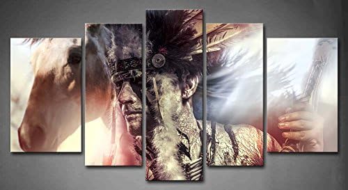Canval prit painting 5 Panel Wall Art American Indian Warrior Man With Feather Headdress And Tomahawk Horse Gray Background Pictures Print On Canvas People The Picture piece