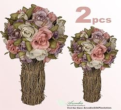 TWO 12" Artificial Rose Topiary Flower Arrangement _Lavender Pink