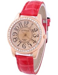 W8sunjs Brand Womage Bling Rhinestone Crystals Large Numbers Fashion Leather Quartz Watches for Womens Lady Girls 6 Colors Option Red