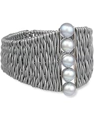 Black Leather Cord 9-10mm with 5 Round Freshwater Cultured Pearl Wire Bracelet, 8"