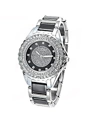 Stylish Round Case Rhinestones Quartz Analog Watch Wrist Watch Timepiece with Ceramic Band for Woman Lady - Black SWWM1-221245