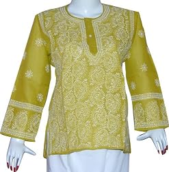 Womens Cotton Long Sleeve Top Blouse Chikan Embroidery Size M(ctop376)