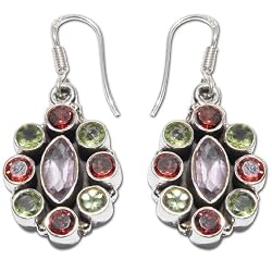 Drop Earrings in Sterling Silver & Multi Gemstone Indian Style 1.5 inches