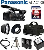 Panasonic AG-AC130 AVCCAM HD Hand-Held Camcorder + Panasonic Spare VW-VBG6 Battery + 32GB Card + .0.45X Wide Angle Lens + 2x Telephoto Lens + Case + Tripod + Led Light + Travel charger + UV + CPL FILTER