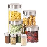 Oggi 8 Piece Round Airtight Glass Canister and Spice Jar Set with Stainless Steel Lids