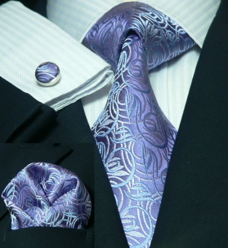 Landisun 134 Purples Geometric Pattern Mens Silk Tie Set: Tie+Hanky+Cufflinks