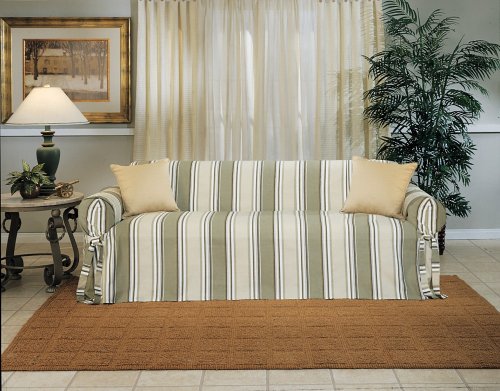 Classic Slipcovers Printed Classic Stripe Canvas Sofa Slipcover, Sage