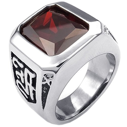 KONOV Mens Crystal Stainless Steel Ring, Classic Gothic, Red Silver