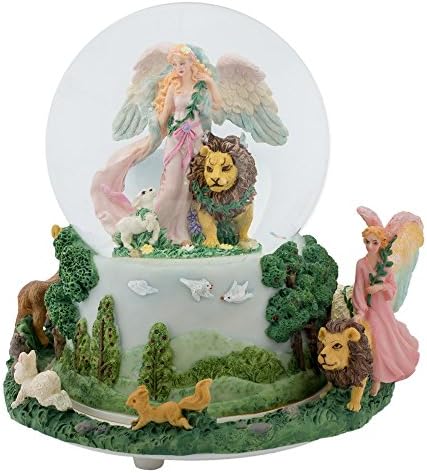 Angel with Lion Nature Scene Rotating Music Water Globe Plays Tune Somewhere In Time