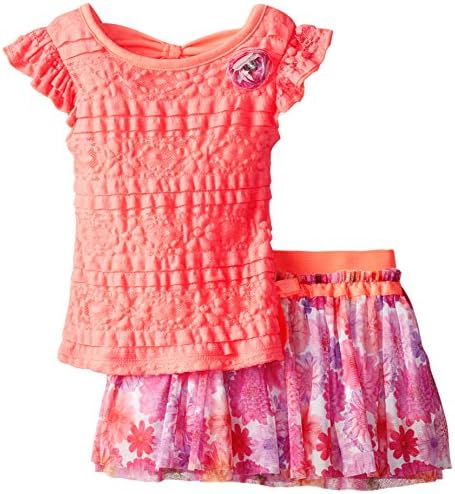 Self Esteem Little Girls' Flutter Sleeve Lace Top with Printed Scooter, Coral, 4T