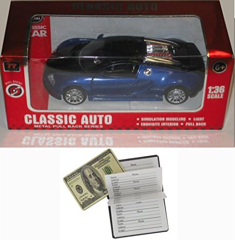 BUGATTI VEYRON Classic Auto Metal Pull Back Series PURPLE/ BLACK Very Rare 1:36 Scale Collectible Car and $100 Design Magnetic Credit Card Size Address Book