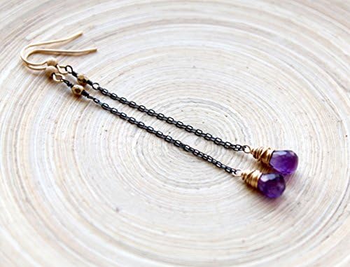 8.5 cm long chain earrings with Amethyst gemstones. Mixed metal earrings, February birthstone
