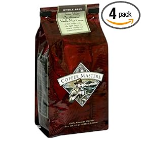 Coffee Masters Flavored Coffee, Vanilla Nut Creme Decaffeinated, Swiss Water Processed, Whole Bean, 12-Ounce Valve Bag, (Pack of 4)