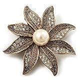 Antique Gold Pearl Crystal Flower Brooch