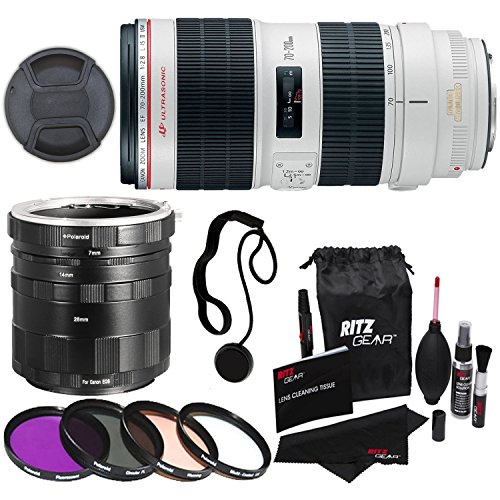 Canon EF 70-200mm f/2.8L IS II USM Zoom Lens + Polaroid Canon EOS Macro Extension Tube Set + Polaroid Optics 77mm 4 Piece Filter Set + Ritz Gear Cleaning Kit & Deluxe Polaroid Accessory Bundle