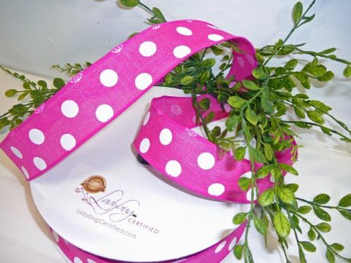 Wired Ribbon, Raspberry with White Polka Dots, Denim Ribbon, 1 1/2 wide, 50 Yards Per Spool