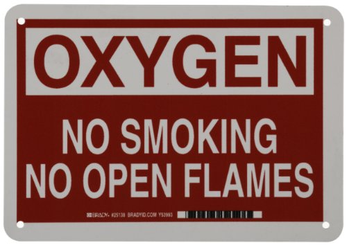 Brady 25138 10 Width x 7 Height B-401 Plastic, White on Red Chemical and Hazardous Materials Sign, Header Oxygen, Legend No Smoking No Open Flames