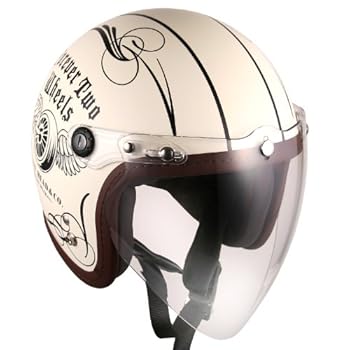 (F4 Jet-include Shield) Motorcycle Scooter Open Face 3/4 Three Quarter Jet Helmet Vintage Retro Style Helmets (White (Two Wheel Decal))