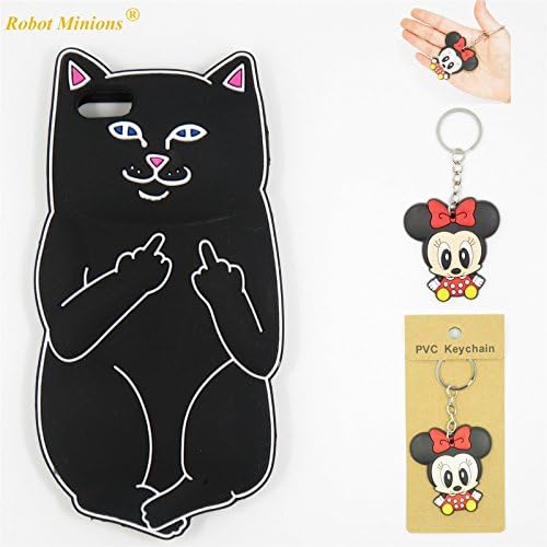 Apple iPhone 5 5S 5C SE 5G 5SE Flexible Soft Silicone Gel Rubber Case,Robot Minions Middle Black Finger Despise Cat Gel Rubber Skin Case Cover for Apple iPhone 5 5S 5C SE 5G 5SE +Cartoon Key Chain
