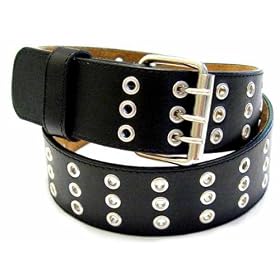 Black Leather Belt with 3 Row Holes and Silver Tone Grommets