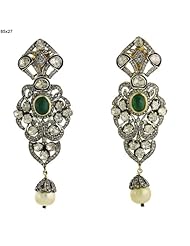 Victorian Style 14kt Yellow Gold Diamond Pave Emerald & Pearl Dangle Earring Jewelry