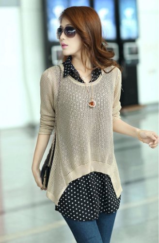 ニット シャツ ドット柄 重ね着 アンサンブル チュニック ブラウス バスト オールインワン コンビネゾン シャツブラウス チュニックシャツ セットアップ カジュアル レディース 春物 夏物 可愛いスカーフ付き T-170