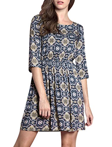 Allegra K Woman 3/4 Sleeves Elastic Waist Floral A Line Dress