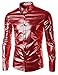 JOGAL Men's Trend Nightclub Styles Metallic Silver Button Down Shirts (Large, Red)