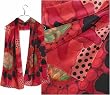 ULRIKE Oblong Crepe de Chine Silk Scarf - Giant fantasy flowers of carmine reds and black with green and peach honeycombed centers and a few small patches of the black dotted salmon background.
