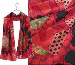 ULRIKE Oblong Crepe de Chine Silk Scarf - Giant fantasy flowers of carmine reds and black with green and peach honeycombed centers and a few small patches of the black dotted salmon background.