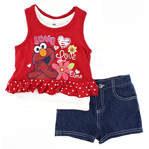 Sesame Street Elmo Toddler Girls Tank Top and Shorts Set (3T, Red Love)
